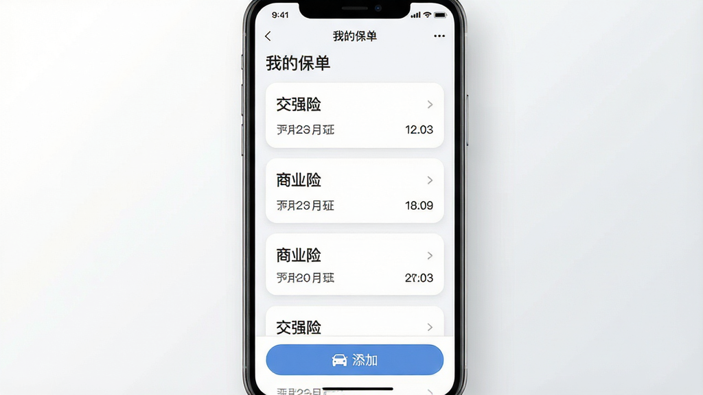 一张表现好车主保险助手保单集中管理功能的图片,画面主体为手机屏幕显示多张保单卡片纵向排列,每张卡片标注“交强险”“商业险”和到期日期,布局为手机屏幕特写居中,背景为白色到浅灰色的柔和渐变;排版采用卡片式列表,风格为清新商务风;细节包括卡片边缘圆角、文字清晰、顶部有“我的保单”标题、底部有添加车辆按钮;画质高清,干净,无多余元素