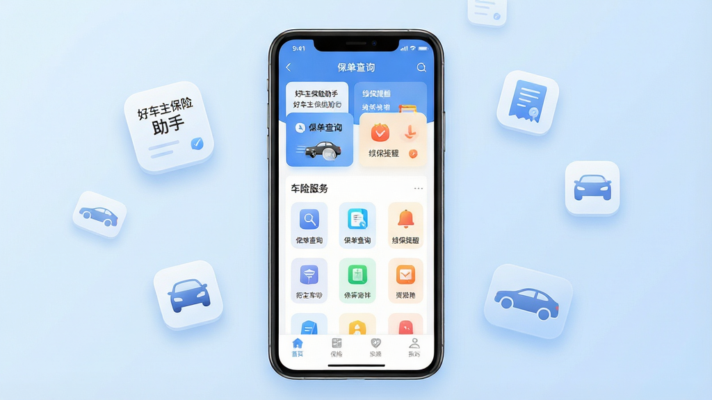 一张展示好车主保险助手手机应用界面的图片,画面中央是一部竖屏智能手机,屏幕显示好车主保险助手首页,顶部有保单查询入口和续保提醒卡片,中部有车险服务图标排列,底部有导航栏;布局为手机居中展示,背景为浅蓝色渐变干净背景,周围漂浮保单图标和汽车轮廓作为点缀;排版清晰整洁,风格为现代简约科技风;细节包括保单卡片上的文字“好车主保险助手”“保单查询”“续保提醒”,图标圆角柔和,阴影自然;画质高清,干净,无多余元素
