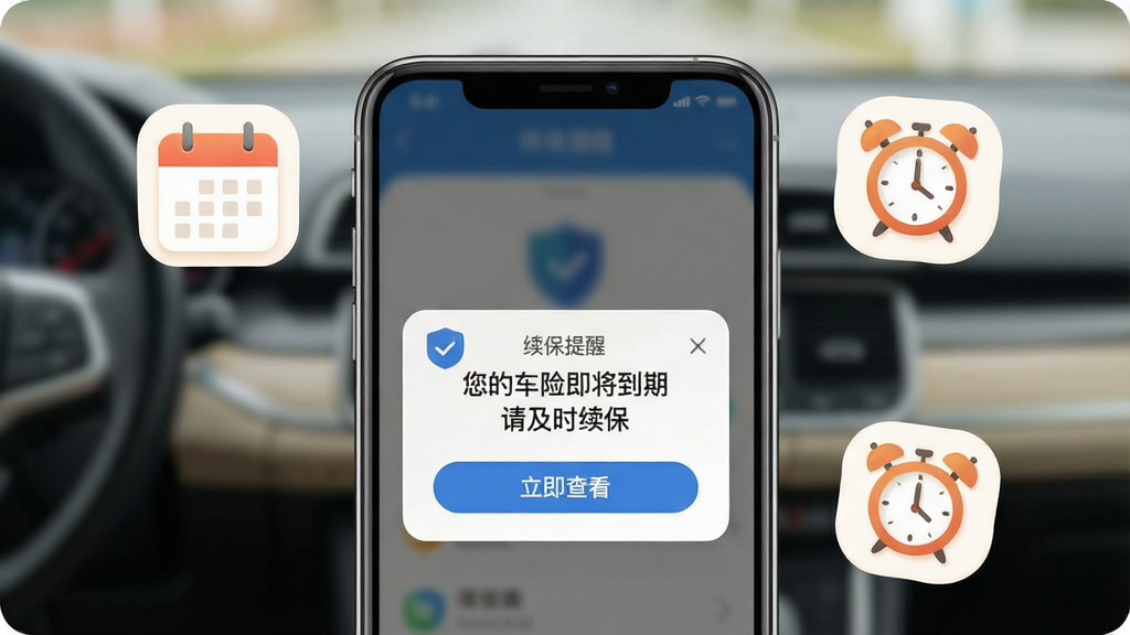 一张展示好车主保险助手续保提醒功能的图片,画面主体为手机屏幕弹出续保提醒通知,通知内容写着“您的车险即将到期,请及时续保”,布局为手机居中,周围有日历图标和闹钟图标环绕;排版简洁,风格为温馨提醒风;细节包括通知卡片圆角、蓝色主色调、底部有“立即查看”按钮;画质高清,干净,无多余元素