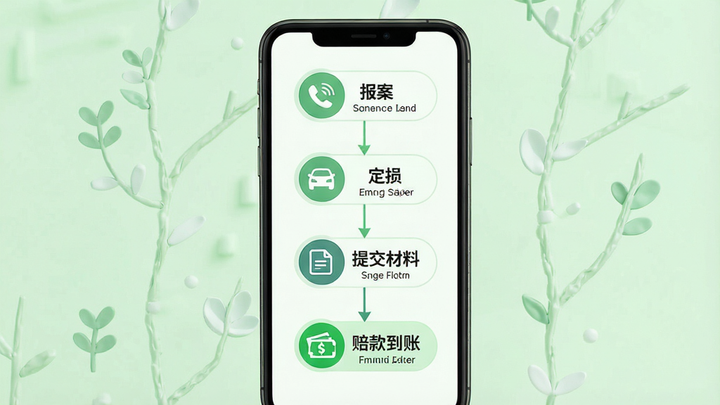 一张表现好车主保险助手理赔流程指引功能的图片,画面主体为手机屏幕显示理赔步骤流程图,包含“报案”“定损”“提交材料”“赔款到账”四个节点,布局为手机居中展示,背景为浅绿色柔和背景;排版为纵向步骤条,风格为清晰引导风;细节包括步骤图标、连接线、文字标注、当前步骤高亮;画质高清,干净,无多余元素