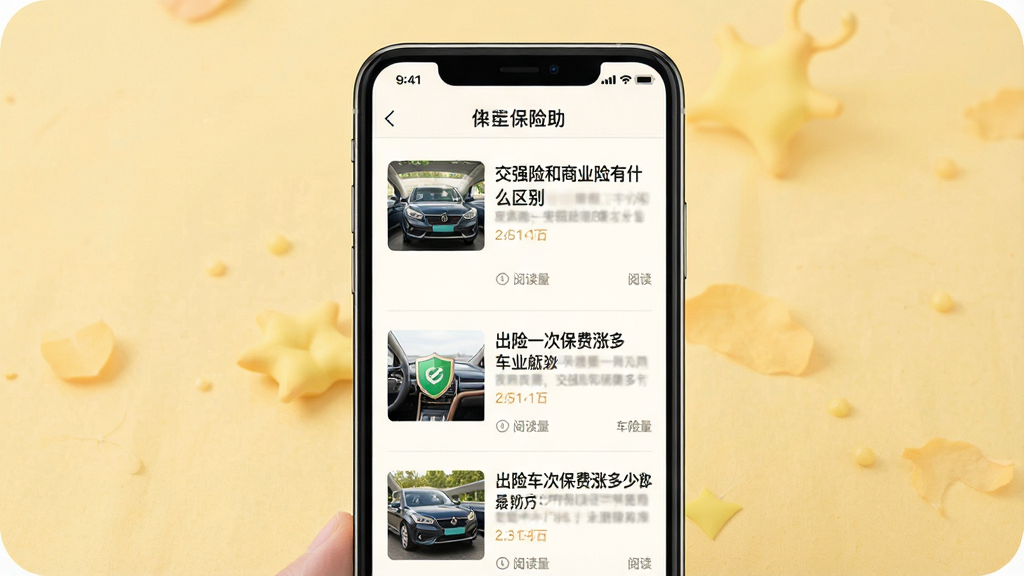 一张展示好车主保险助手车险知识科普功能的图片,画面主体为手机屏幕显示文章列表,标题包括“交强险和商业险有什么区别”“出险一次保费涨多少”,布局为手机居中,背景为浅黄色温暖背景;排版为图文列表,风格为知识科普风;细节包括文章缩略图、标题文字、阅读量标注;画质高清,干净,无多余元素
