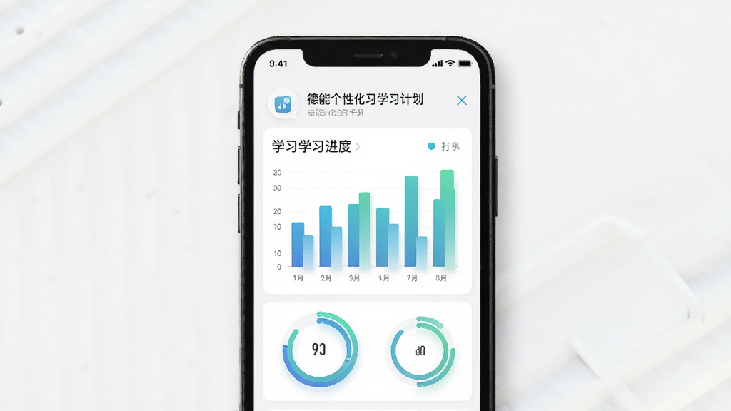 一幅展示德语智能口语个性化学习计划功能的场景图,主体是手机屏幕显示学习进度图表和日历打卡界面,屏幕中有柱状图和圆形进度条,布局采用手机居中展示,排版突出数据可视化,风格为现代简约商务风,细节上图表颜色为蓝绿渐变,背景为浅色,画质高清,干净,无多余元素