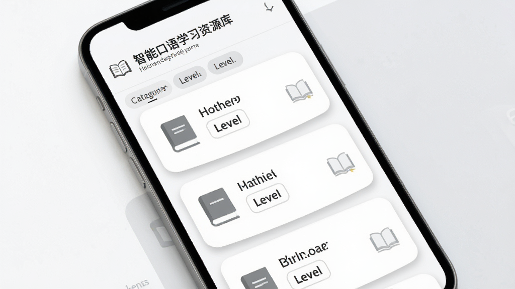 一张展示德语智能口语学习资源库界面的场景图,主体是手机屏幕显示课程列表和分类标签,屏幕中有书本图标和级别标识,布局采用手机正面展示,排版以列表形式呈现,风格为简约卡片式设计,细节上卡片有轻微投影和圆角,背景为白色和淡灰色搭配,画质高清,干净,无多余元素