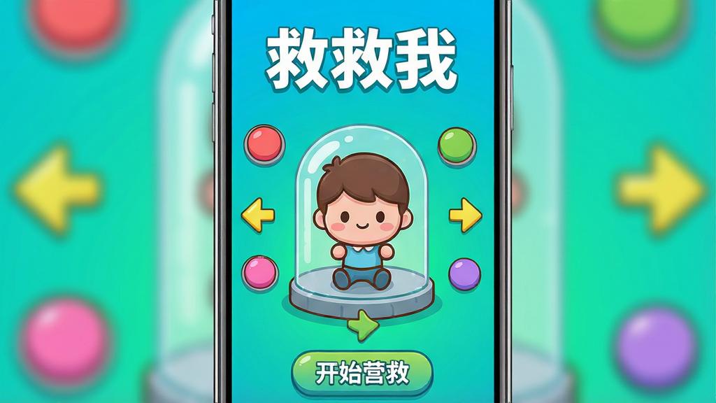 手机屏幕竖屏展示,画面中央是一个卡通小人被困在透明玻璃罩中,周围有彩色按钮和箭头指示,背景是明亮的蓝绿色渐变,顶部用白色粗体字写着“救救我”,底部有“开始营救”按钮,整体风格为Q版卡通扁平化,色彩鲜艳干净,主体突出,排版居中,画质清晰细腻无多余元素