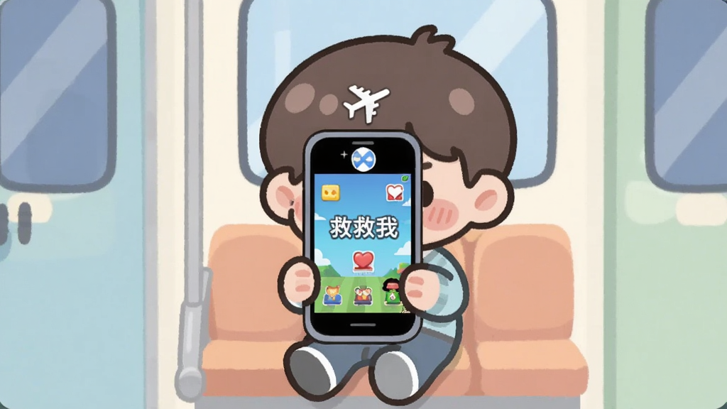 卡通角色在无网络环境下玩手机游戏的场景,画面中一个Q版人物坐在地铁座位上,手持手机屏幕显示“救救我”游戏界面,手机上方有一个飞机图标表示飞行模式,背景是简洁的地铁车厢,配色柔和,风格为扁平插画,排版居中,画质清晰,无多余元素