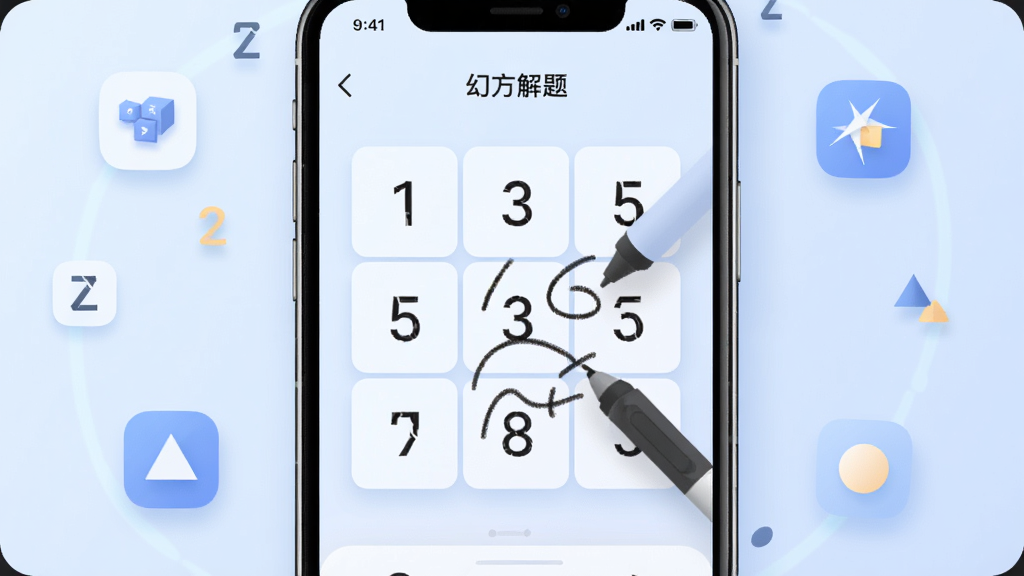 整体画面以「幻方」软件核心功能为主题,主体为一部智能手机竖屏展示幻方解题界面,界面中呈现3x3数字方格与手写笔迹,背景为淡蓝色渐变,布局居中,四周环绕数字符号与几何图形,风格为扁平化科技风,细节包含柔和阴影与圆角图标,画质高清,画面干净,无多余元素