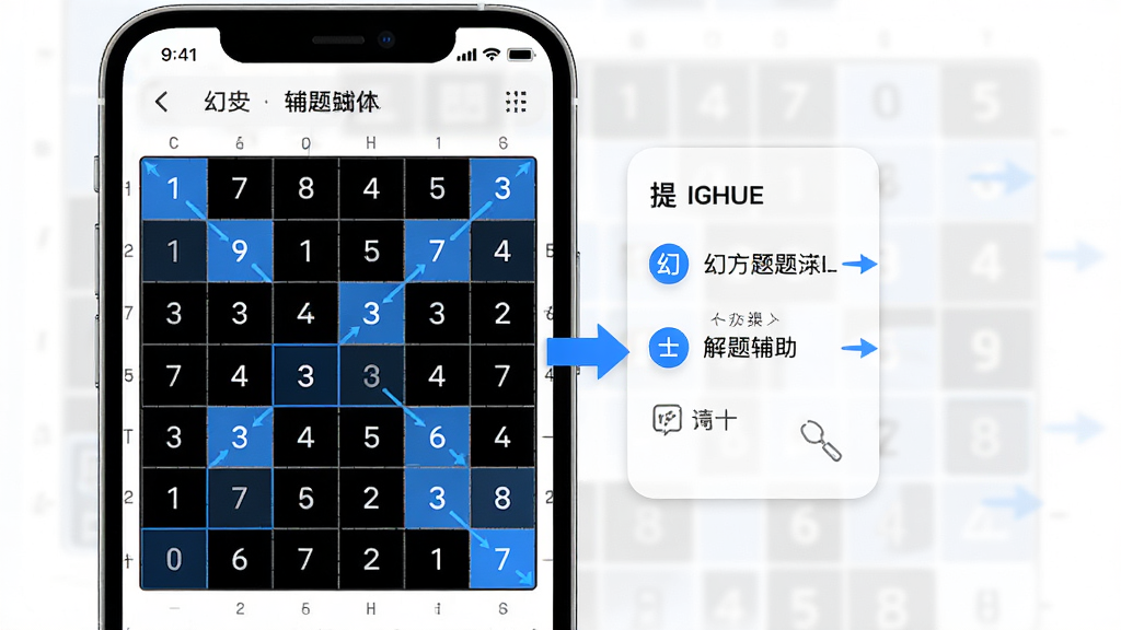 画面主体为「幻方」软件中的解题辅助功能演示,布局为手机界面左侧显示幻方方格,右侧弹出提示面板,风格为简约工具风,细节包含蓝色高亮数字与箭头指引,画质高清,画面干净,无多余元素