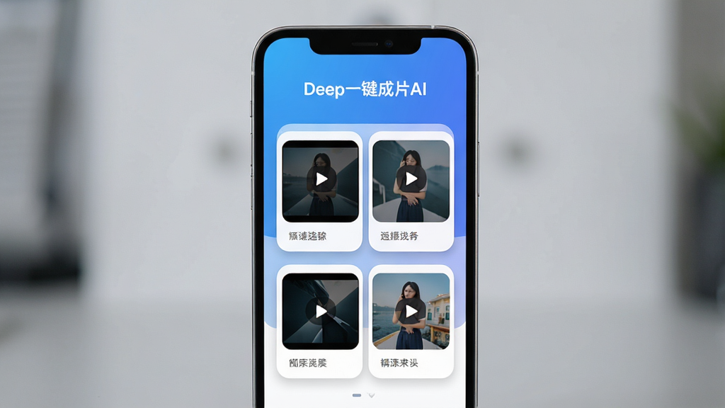 一张手机屏幕展示Deep一键成片AI主界面的场景图,主体是竖屏手机居中摆放,屏幕内显示蓝色渐变背景的视频模板选择页面,顶部有“Deep一键成片AI”字样,下方排列四个视频模板缩略图卡片,布局为上下结构,排版简洁居中,风格为现代科技感UI界面,细节包括圆角卡片、白色文字、柔和阴影,画质高清,干净,无多余元素