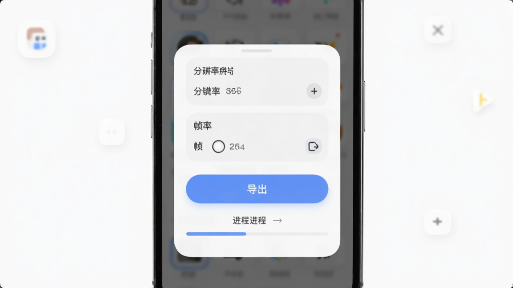 Deep一键成片AI导出设置弹窗界面,主体为手机屏幕中央弹出面板,布局为纵向选项列表,排版居中简洁,风格为柔和圆角卡片设计,细节包括分辨率选项、帧率选项、导出按钮、进度条,画质高清,干净,无多余元素