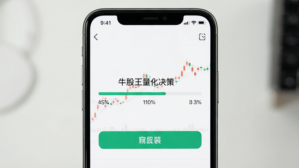 一张展示手机安装应用界面的图片,画面主体是一部智能手机,屏幕上显示“牛股王量化决策”安装进度条,布局为居中,风格为简洁教程风,细节包含手机边框、进度百分比、安装按钮,画质清晰,干净,无多余元素