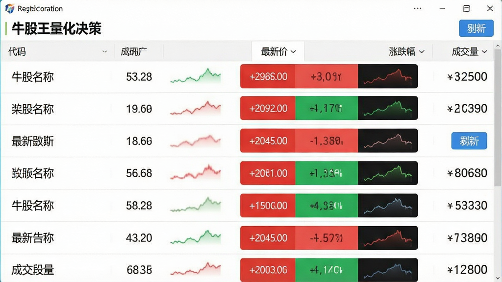 一张展示实时行情监控页面的图片,画面主体是“牛股王量化决策”软件的行情列表界面,布局为纵向列表,每一行显示股票名称、代码、最新价、涨跌幅、成交量,风格为清爽数据风,细节包含红绿涨跌色块、迷你走势图、刷新按钮,画质清晰,干净,无多余元素