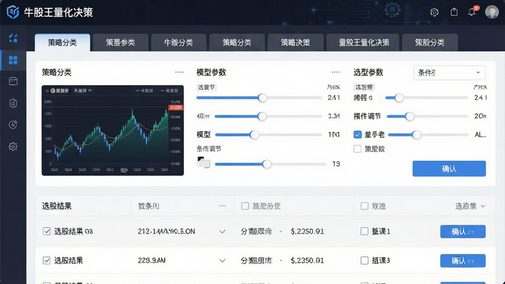 一张展示量化选股模型界面的图片,画面主体是“牛股王量化决策”软件中的策略选择页面,布局为上下结构,上方是策略分类标签,中间是模型参数调节滑块,下方是选股结果列表,风格为简约科技风,细节包含数据图表、条件勾选框、确认按钮,画质清晰,干净,无多余元素