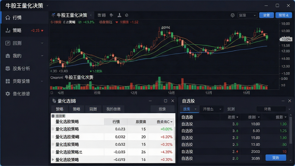 一张展示股票量化分析软件界面的图片,画面中央是“牛股王量化决策”软件主界面,上方有K线图与均线指标,下方是量化选股策略列表与自选股面板,整体布局为左右分栏,左侧导航栏包含行情、策略、回测、我的等入口,风格为深色金融科技风,细节包含红绿涨跌数字、数据表格、按钮图标,画质清晰,干净,无多余元素