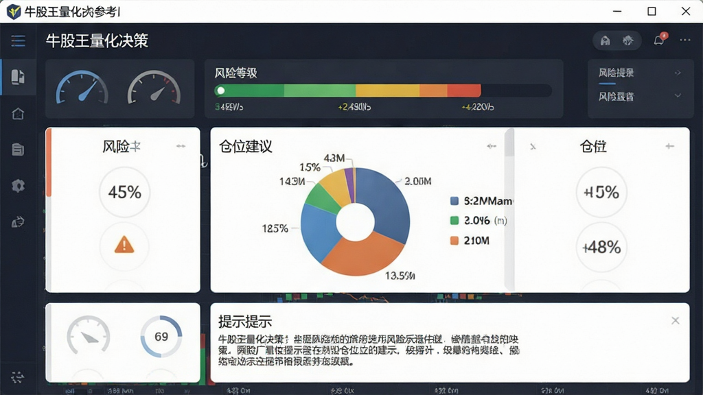 一张展示风险提示与仓位参考界面的图片,画面中央是“牛股王量化决策”软件的风险评估页面,布局为卡片式,上方是风险等级指示条,中间是仓位建议饼图,下方是文字提示区域,风格为沉稳金融风,细节包含仪表盘图标、百分比数字、警示图标,画质清晰,干净,无多余元素