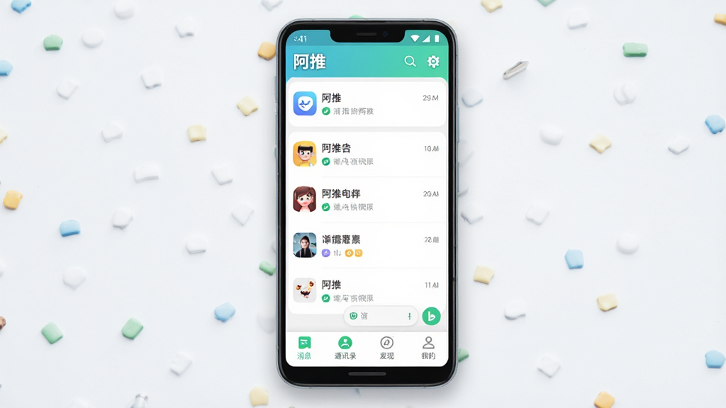 一张展示阿推软件主界面的手机样机图,画面中央是一部安卓手机,屏幕显示阿推聊天列表界面,顶部有软件名称“阿推”字样,底部有消息、通讯录、发现、我的四个标签栏,整体布局简洁,风格清新现代,细节包括圆角图标和柔和阴影,画质高清,干净无多余元素