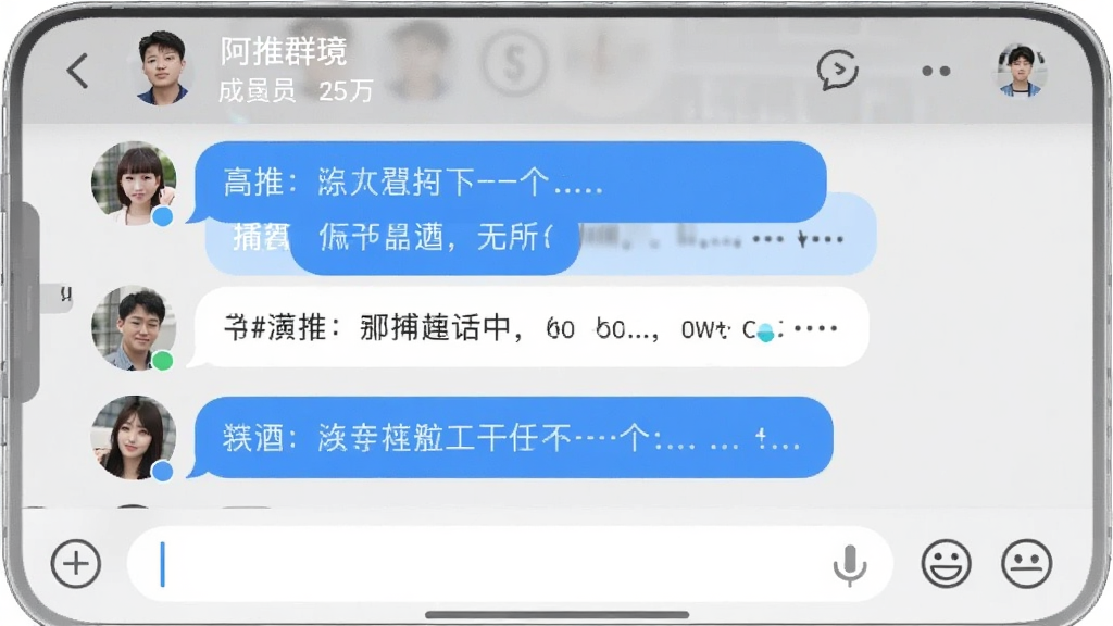 一张阿推群组聊天界面的手机截图,画面中显示多个用户头像和聊天气泡,气泡颜色有蓝色和白色,顶部有群名称和成员数量,底部有输入框和表情按钮,风格简洁明快,画质清晰,无杂乱元素