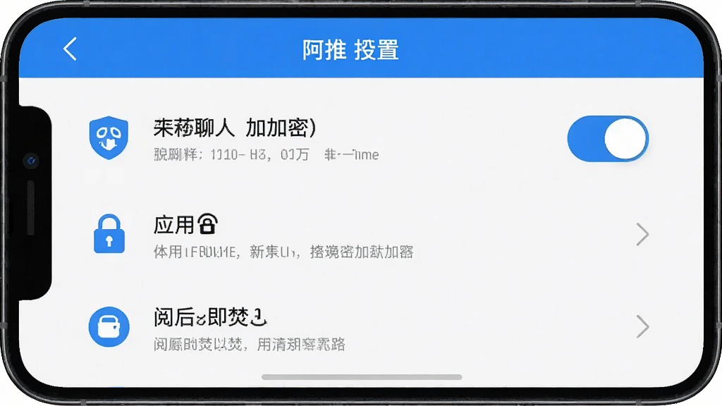 一张阿推隐私设置界面的手机截图,画面显示加密聊天开关、应用锁、阅后即焚等选项,界面以白色和蓝色为主,图标简洁,文字清晰,风格安全可靠,画质高清,干净无杂乱