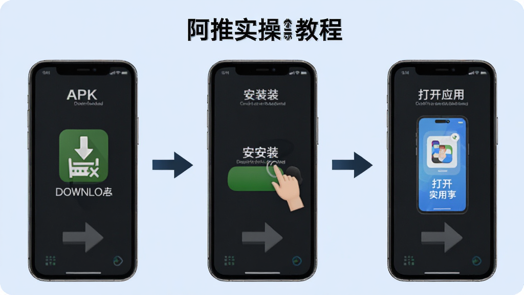 一张阿推实操教程的示意图,画面展示手机屏幕上的安装步骤,从下载APK到点击安装再到打开应用,分三步用箭头连接,每一步都有小图标,背景为浅蓝色,风格简洁明了,画质高清,无多余文字