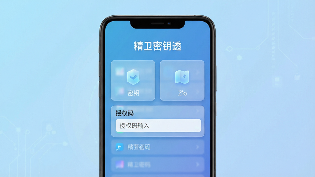 主体为一部安卓手机展示精卫密钥透软件主界面,界面中包含密钥列表与授权码输入框;布局采用手机正面居中展示,背景为科技感浅蓝色渐变;排版简洁清晰,软件名称“精卫密钥透”以白色字体显示在顶部;风格为现代扁平化UI设计,细节包括半透明卡片、微光图标;画质高清,干净无多余元素,无杂乱文字