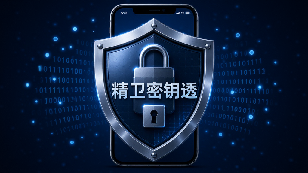 主体为一个带锁的盾牌图标与手机屏幕融合的场景,盾牌中央显示“精卫密钥透”字样;布局为盾牌居中,四周环绕二进制代码光点;排版对称稳重;风格为科技安全主题,深蓝色调;细节包括盾牌金属质感、光点浮动效果;画质高清,干净无多余元素