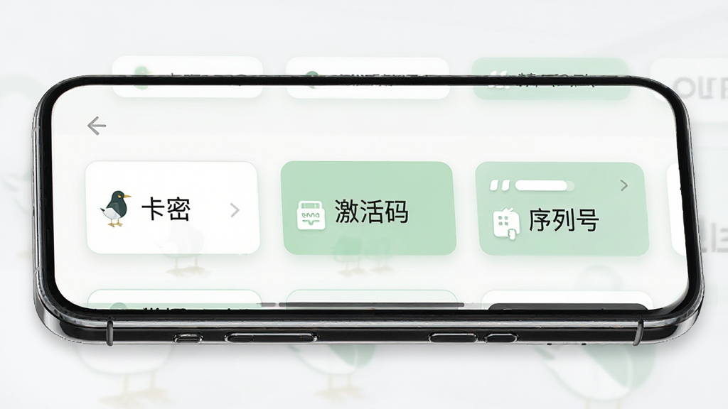 主体为精卫密钥透软件内的分类标签界面,显示“卡密”“激活码”“序列号”等标签;布局为手机屏幕侧视图,标签横向排列;排版整齐有序;风格为清新卡片式UI,白色与浅绿色搭配;细节包括标签颜色区分、图标点缀;画质高清,干净无多余元素