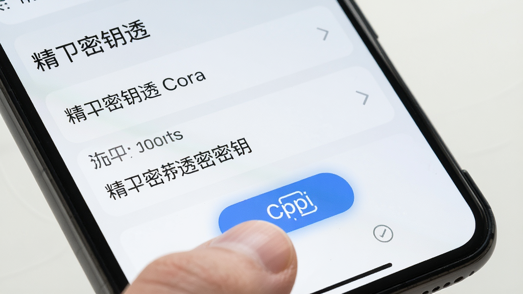 主体为一只手点击手机屏幕上的复制按钮,屏幕显示“精卫密钥透”密钥列表;布局为手机界面特写,手指位于画面下方;排版突出操作焦点;风格为写实UI交互风格,浅色背景;细节包括按钮高亮反馈、列表条目清晰;画质高清,干净无多余元素