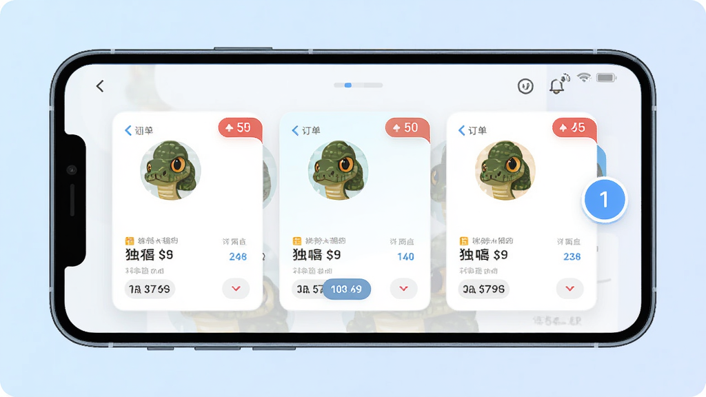 独眼蛇商户助手多店铺管理界面示意图,主体为一部手机屏幕内显示多个店铺卡片切换,布局为手机正面平视,背景为淡蓝渐变,风格为清新扁平化设计,细节包括店铺头像、订单数量角标、切换按钮,画质高清,干净,无多余元素