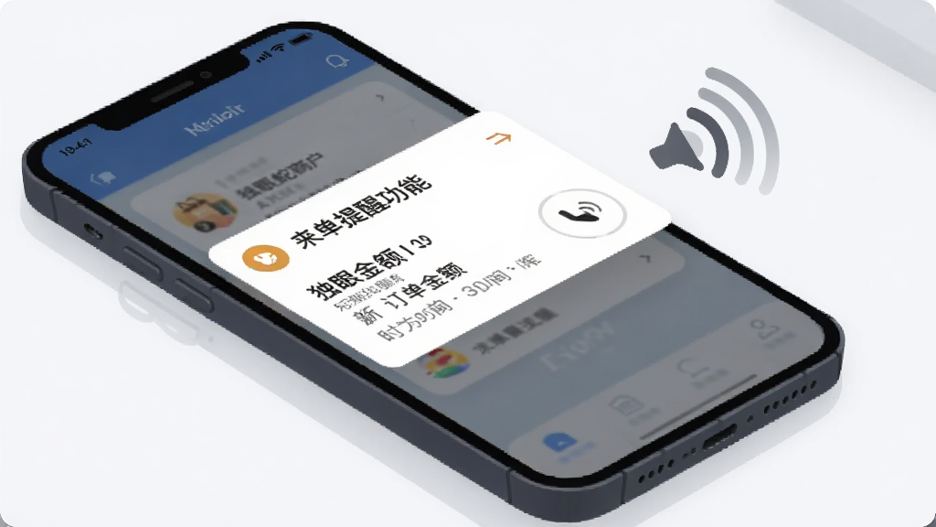 独眼蛇商户助手来单提醒功能展示图,主体为手机屏幕弹出新订单通知卡片,布局为手机斜放于桌面,旁边有声音波纹图标,风格为简洁商务插画,细节包括订单金额、时间、语音播报符号,画质高清,干净,无多余元素