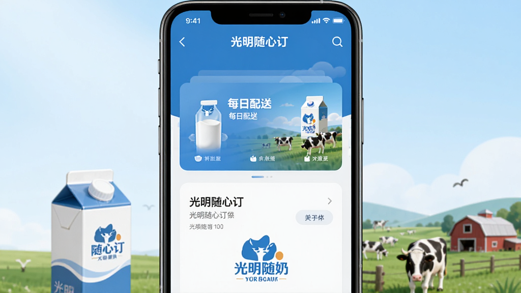 光明随心订手机应用界面全景展示,主体为一部竖屏智能手机,屏幕内呈现光明随心订APP首页,包含鲜奶订购入口、每日配送卡片和品牌标志性的蓝白色调,布局采用居中对称构图,背景为清新淡雅的浅蓝色渐变,风格简约现代,细节处可见牛奶盒与牧场元素点缀,画质高清干净,无多余元素