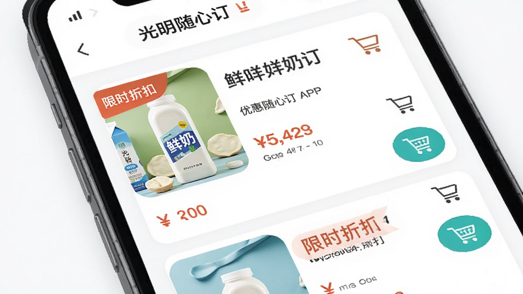 光明随心订APP内商品列表与优惠活动页面展示,主体为手机屏幕中呈现的鲜奶商品卡片和限时折扣标签,布局为上下滚动式信息流,风格清新明快,细节包含商品缩略图、价格标签和购物车图标,画质高清,干净整洁无多余装饰