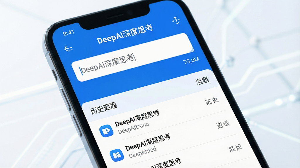 一张展示智能手机屏幕的图片,屏幕中央显示“DeepAI深度思考”应用主界面,界面布局简洁,上方为对话输入框,下方为历史会话列表,整体配色以蓝白为主,背景干净明亮,风格现代科技感,细节清晰,画质高清,无多余元素