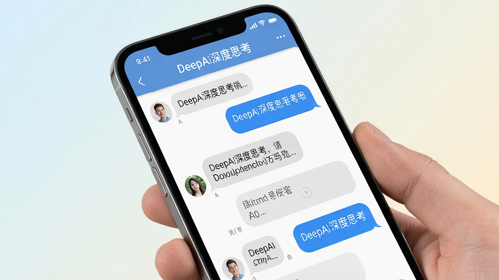 一张展示AI对话界面的图片,画面中手机屏幕显示用户与“DeepAI深度思考”的多轮对话记录,对话气泡清晰,界面顶部带有软件名称标识,背景为浅色渐变,风格简约清新,细节丰富,画质干净,无多余元素