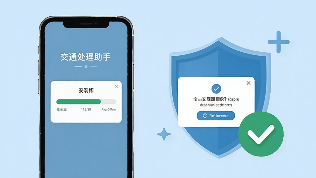 交通违规处理助手安装步骤示意图,手机屏幕展示安装进度条与权限授权弹窗,旁边有盾牌与勾选图标,背景为浅蓝色,风格安全指引,画质清晰,干净无多余元素
