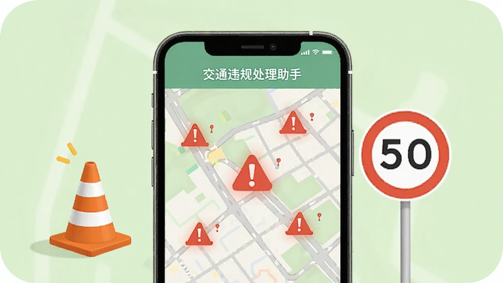 交通违规处理助手高发路段提示页面,手机屏幕显示地图与红色警示标记,旁边有交通锥与限速牌图标,背景为淡绿色,风格户外出行感,画质明亮,干净无杂乱元素