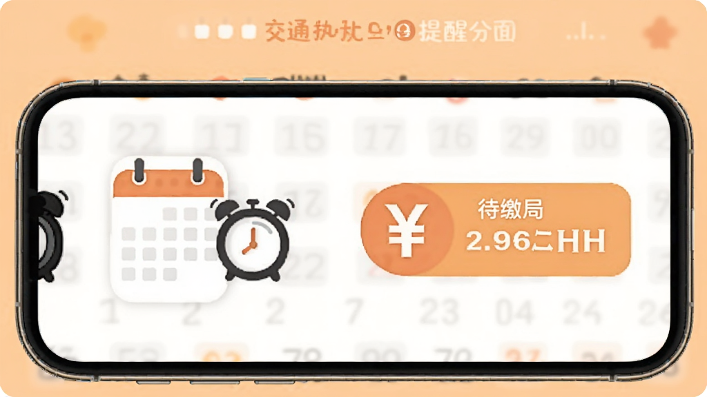 交通违规处理助手罚款缴纳提醒界面,手机屏幕显示日历与闹钟图标,旁边有人民币符号与待缴金额标签,背景为浅橙色,风格温馨提醒感,画质清晰,干净整洁