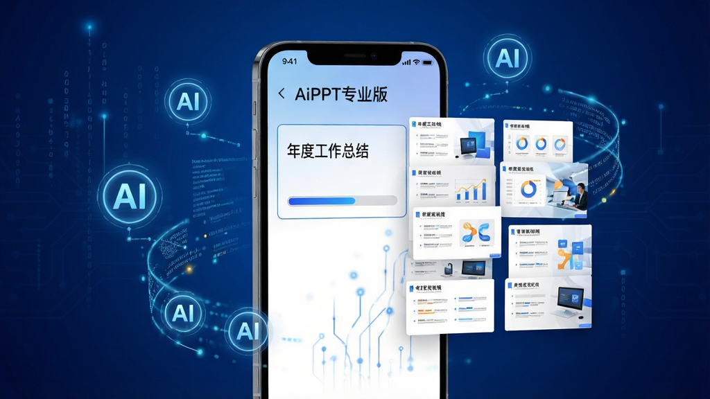 一幅展示AiPPT专业版AI一键生成功能的场景图,画面中一部手机屏幕显示输入框内写着“年度工作总结”,下方进度条正在加载,旁边弹出多张自动生成的幻灯片缩略图,手机周围环绕着发光的AI图标和数据流线条,背景为深蓝色渐变科技风格,主体突出手机和生成结果,布局居中,排版简洁,细节上体现智能算法的动态感,画质高清,干净无多余元素