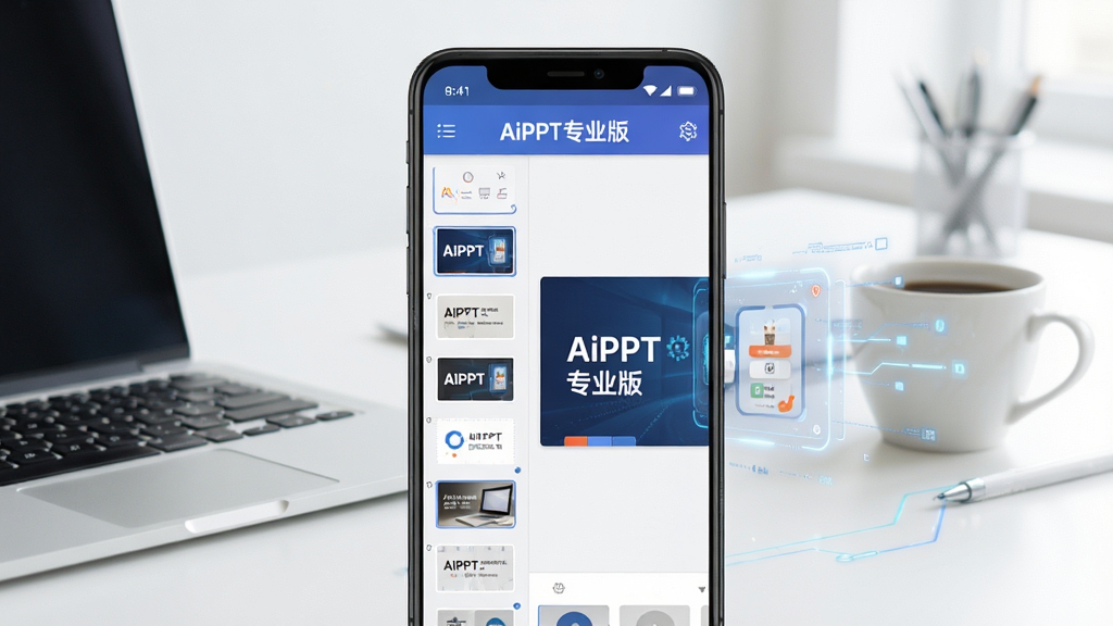 一张展示AiPPT专业版软件界面的效果图,画面中央是一部安卓手机,手机屏幕上显示着AiPPT专业版的PPT编辑界面,左侧是模板缩略图列表,右侧是正在编辑的幻灯片预览,界面顶部有“AiPPT专业版”字样,背景是简洁的办公桌面环境,有笔记本电脑和咖啡杯,整体风格明亮干净,布局清晰,排版突出手机屏幕内容,细节上体现AI智能生成的科技感,画质高清,干净无多余元素