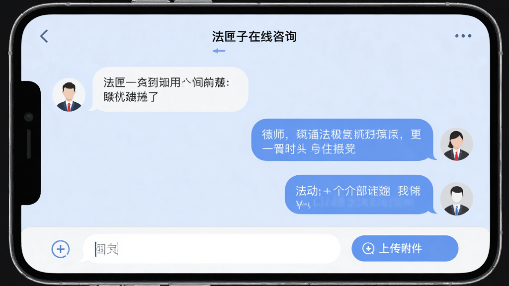 法匣子在线咨询界面,画面展示手机聊天窗口,左侧为用户提问气泡,右侧为律师回复气泡,底部有输入框与上传附件按钮,背景为淡蓝色,布局上下结构,排版清晰,风格为现代社交应用风,细节上气泡圆润、头像简洁,画质高清,干净,无多余元素