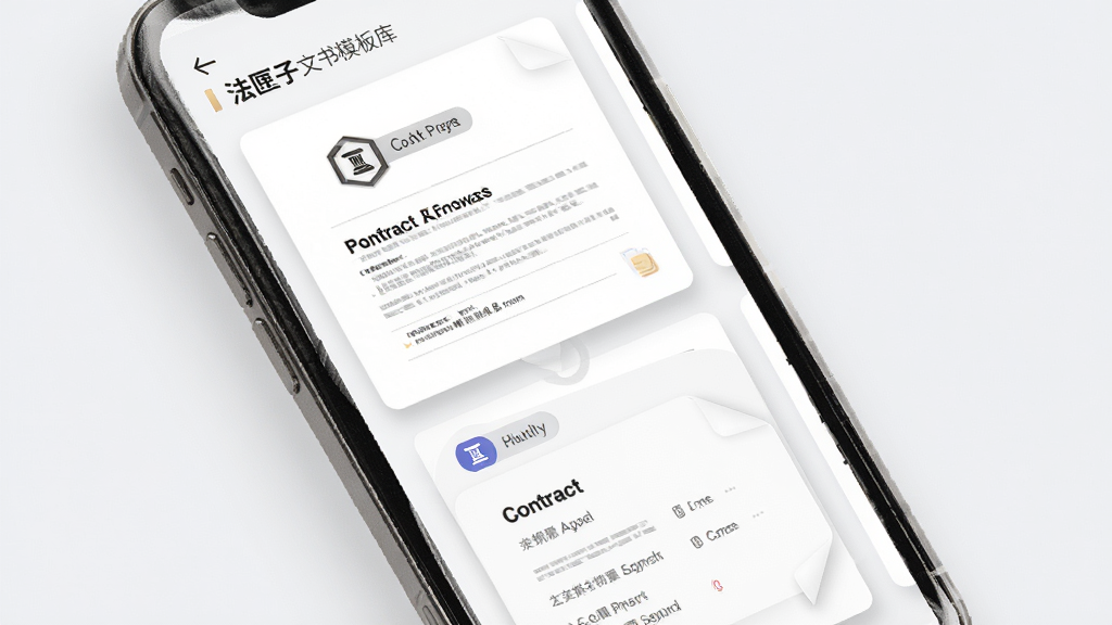 法匣子文书模板库界面,画面展示手机屏幕中排列整齐的合同文档卡片,每张卡片带有分类标签与图标,背景为白色与浅灰色搭配,布局为网格状,排版清晰,风格为简约商务风,细节上文档卡片有轻微阴影、文字可辨,画质高清,干净,无多余元素