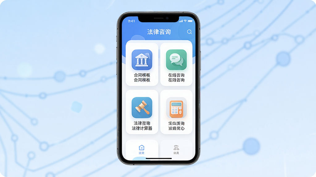 法匣子APP主界面展示,画面中央是一部智能手机,屏幕显示法律咨询应用首页,包含合同模板、在线咨询、法律计算器等模块图标,背景为浅蓝色渐变,主体清晰,布局居中,排版简洁,风格为扁平化科技风,细节上图标圆润、文字清晰,画质高清,干净,无多余元素