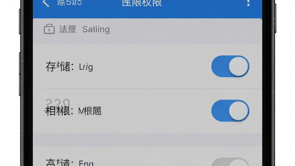 法匣子手机端安装权限设置示意图,画面展示手机设置界面中应用权限管理页面,突出存储与相机权限开关,背景为系统原生风格,布局为纵向列表,排版清晰,风格为实用教程风,细节上开关按钮醒目、文字标注清楚,画质高清,干净,无多余元素