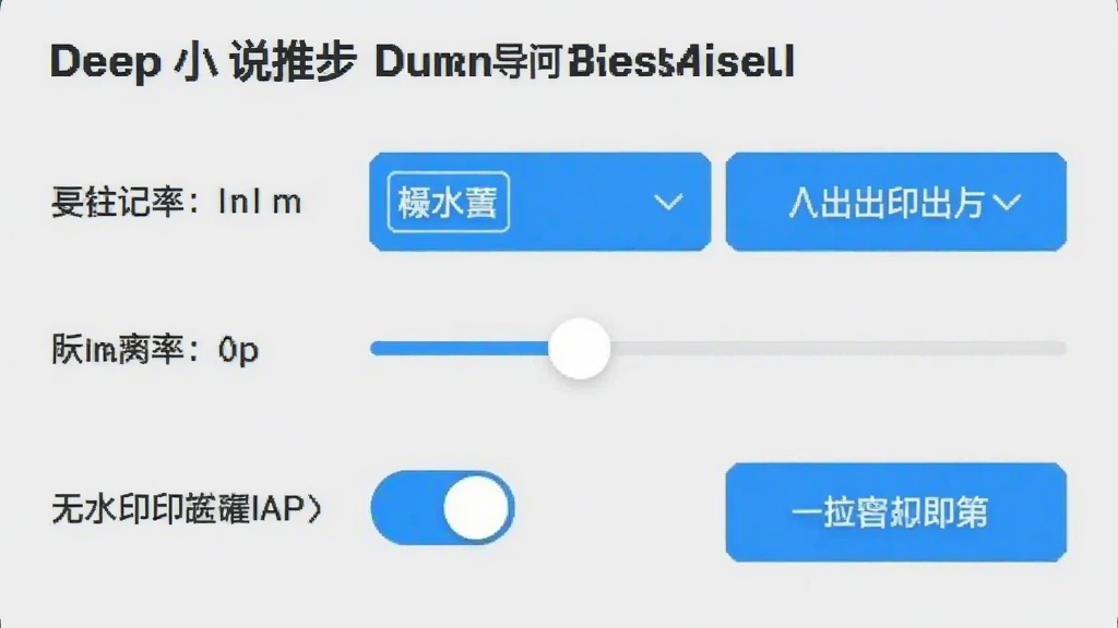 一张展示Deep小说推文AI导出设置界面的截图,画面中显示分辨率选择、帧率调节、无水印开关等选项,背景为浅灰色,按钮为蓝色高亮,整体风格清爽,画质清晰,干净无多余元素