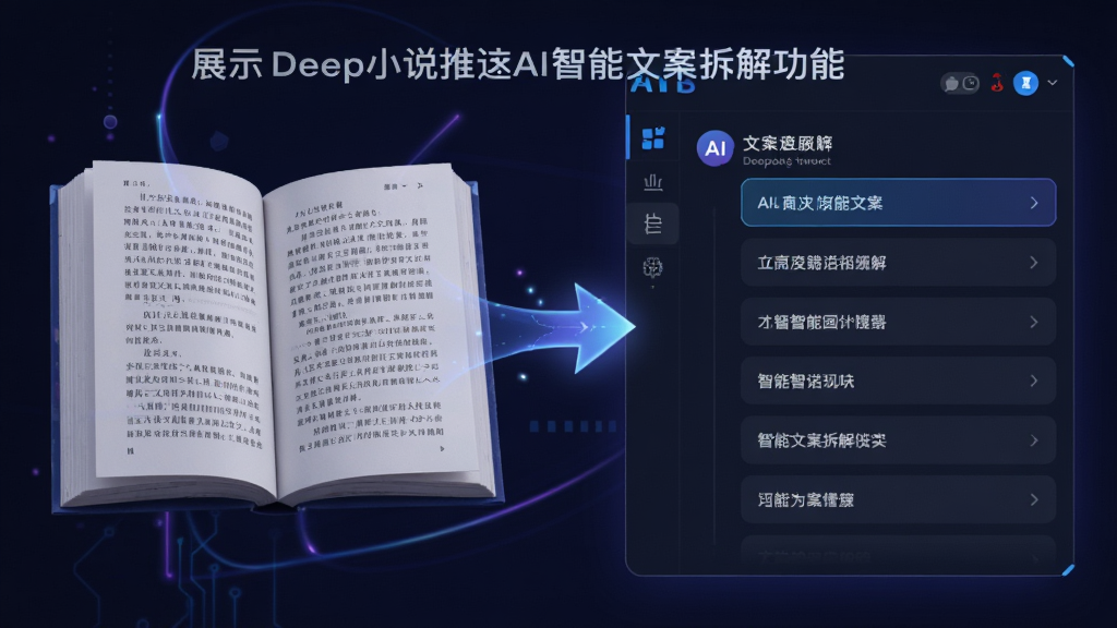 一张展示Deep小说推文AI智能文案拆解功能的示意图,画面左侧是一本打开的小说书页,右侧是软件界面中自动生成的文案分段列表,中间用发光箭头连接,色调以蓝紫为主,风格科技感十足,画质细腻,干净无多余元素