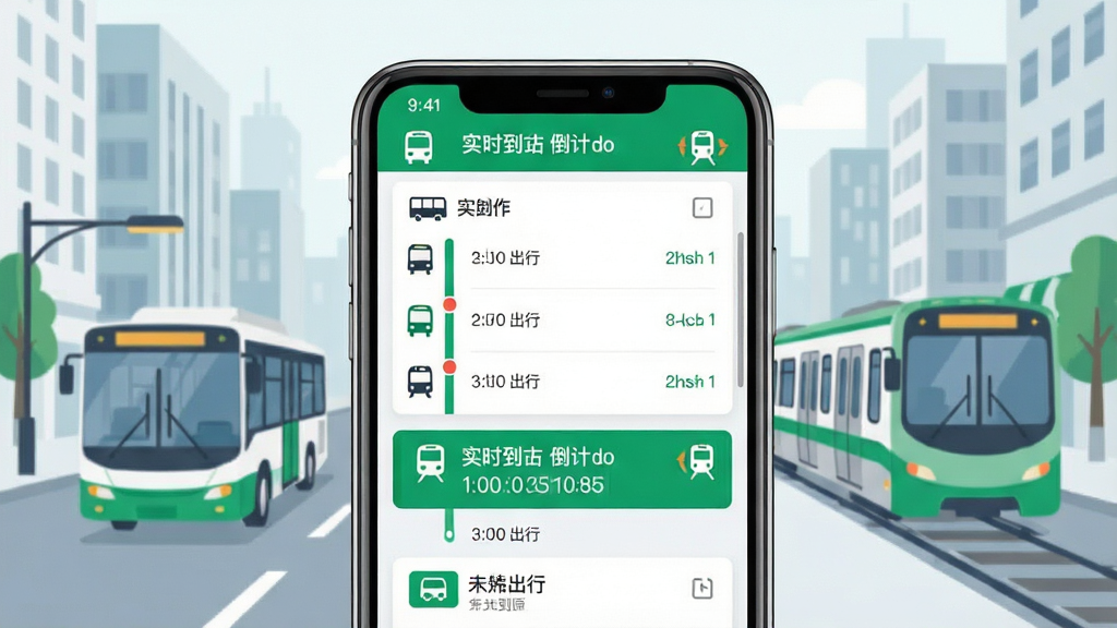 一张公交地铁e出行软件主界面展示图,画面中央是手机屏幕,屏幕内显示公交线路列表和实时到站倒计时,背景是城市街道与公交车、地铁列车的简约插画风格,主体突出手机界面,布局采用居中构图,排版清爽,风格为扁平化科技风,细节包括公交车图标、地铁标志、绿色出行主题色,画质高清,干净,无多余元素。