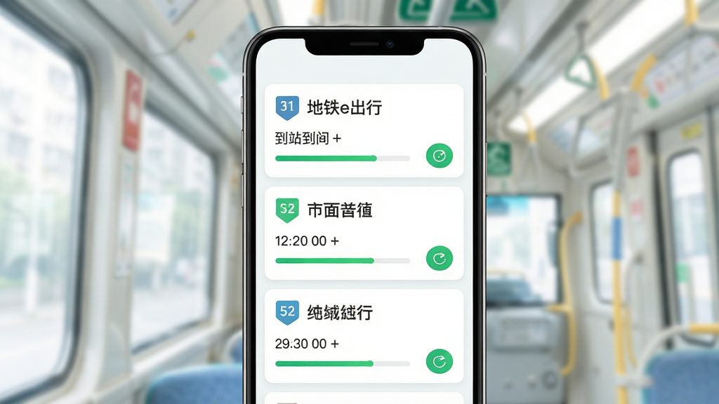 公交地铁e出行多线路监控界面图,画面中央为手机屏幕,屏幕内纵向排列三条公交线路卡片,每张卡片显示线路名称和到站时间,布局为列表式排版,风格为清新浅色系,细节包括线路编号徽章、绿色进度条、刷新按钮,画质高清,干净,无多余元素。