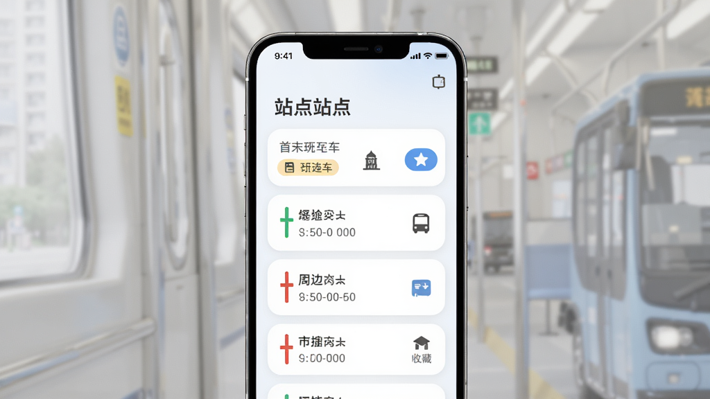 公交地铁e出行站点详情界面图,画面中央为手机屏幕,屏幕内显示站点名称和途经线路列表,布局为卡片式排版,风格为柔和圆角设计,细节包括首末班车时间标签、周边地标小图标、收藏按钮,画质高清,干净,无多余元素。