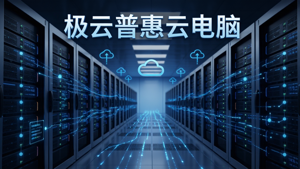 极云普惠云电脑云端服务器机房概念图,画面主体为排列整齐的服务器机柜与蓝色数据流,布局采用纵深透视构图,上方漂浮