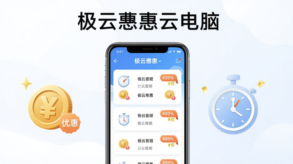 极云普惠云电脑计费套餐界面示意图,画面主体为手机屏幕展示套餐列表与计时器图标,布局采用居中排版,上方放置