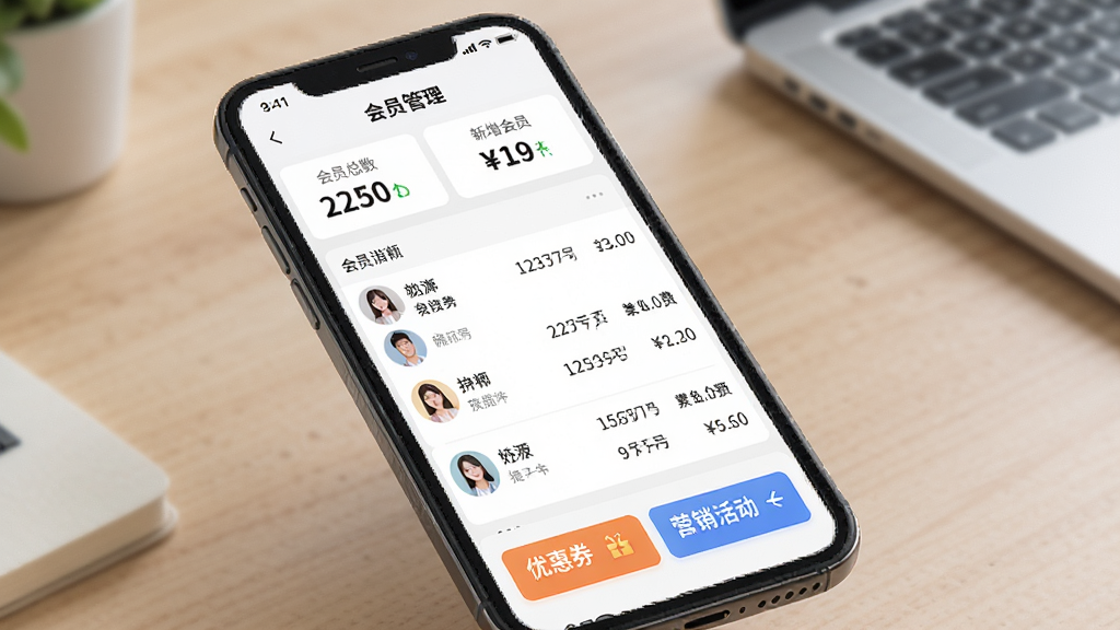 手机屏幕显示图味商家APP的会员管理页面,页面上方是会员总数和新增会员的统计数字,中部是会员列表,每位会员显示头像、昵称、手机号和累计消费金额,下方有优惠券和营销活动入口按钮,背景为柔和的工作台面,整体风格现代简洁,画质高清,干净,无多余元素