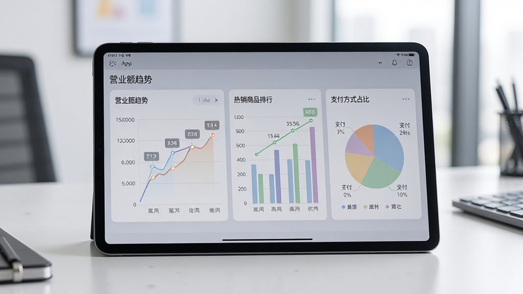 平板电脑或手机横屏显示图味商家APP的数据看板页面,页面中包含折线图展示营业额趋势、柱状图展示热销商品排行、饼图展示支付方式占比,图表颜色柔和,数据标注清晰,背景为简洁的办公桌面,整体风格商务专业,画质高清,无多余元素